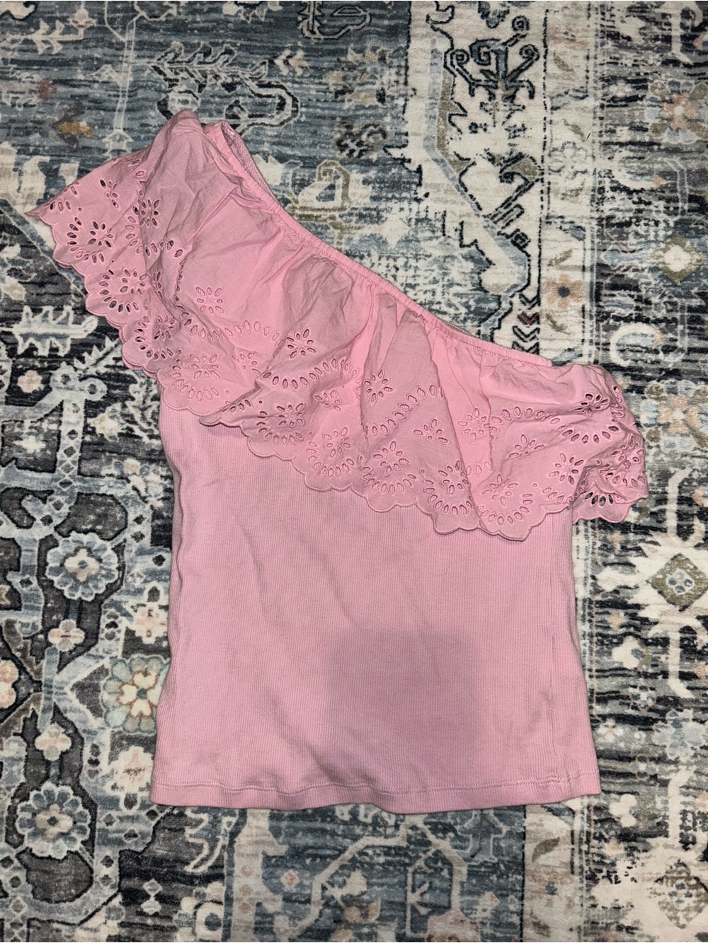 Pink One-Shoulder Ruffle Eyelet Top